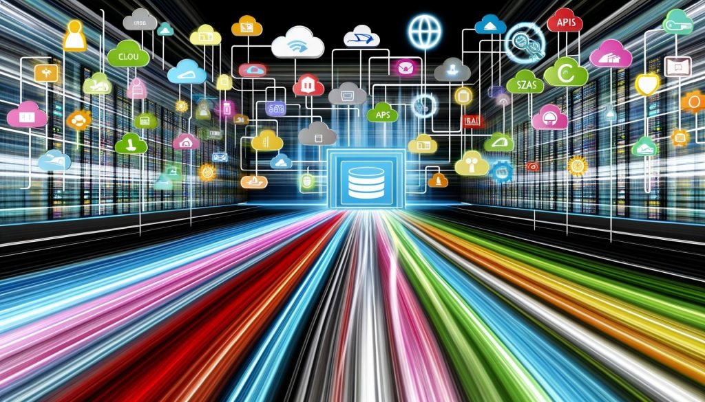 Futuristische Unternehmensumgebung mit bunten Datenströmen aus digitalen Quellen, die zu einem modernen Datenintegrations-Framework fließen und geordnet Richtung Analytics, KI und Marketing weitergeleitet werden.