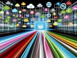 Futuristische Unternehmensumgebung mit bunten Datenströmen aus digitalen Quellen, die zu einem modernen Datenintegrations-Framework fließen und geordnet Richtung Analytics, KI und Marketing weitergeleitet werden.
