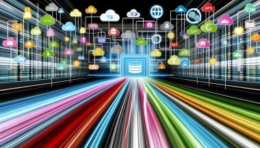 Futuristische Unternehmensumgebung mit bunten Datenströmen aus digitalen Quellen, die zu einem modernen Datenintegrations-Framework fließen und geordnet Richtung Analytics, KI und Marketing weitergeleitet werden.