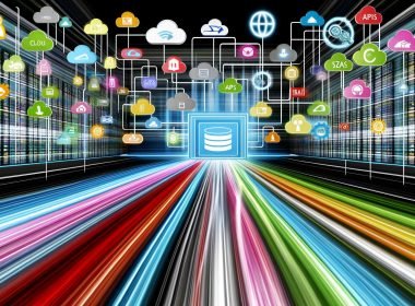 Futuristische Unternehmensumgebung mit bunten Datenströmen aus digitalen Quellen, die zu einem modernen Datenintegrations-Framework fließen und geordnet Richtung Analytics, KI und Marketing weitergeleitet werden.