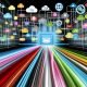Futuristische Unternehmensumgebung mit bunten Datenströmen aus digitalen Quellen, die zu einem modernen Datenintegrations-Framework fließen und geordnet Richtung Analytics, KI und Marketing weitergeleitet werden.