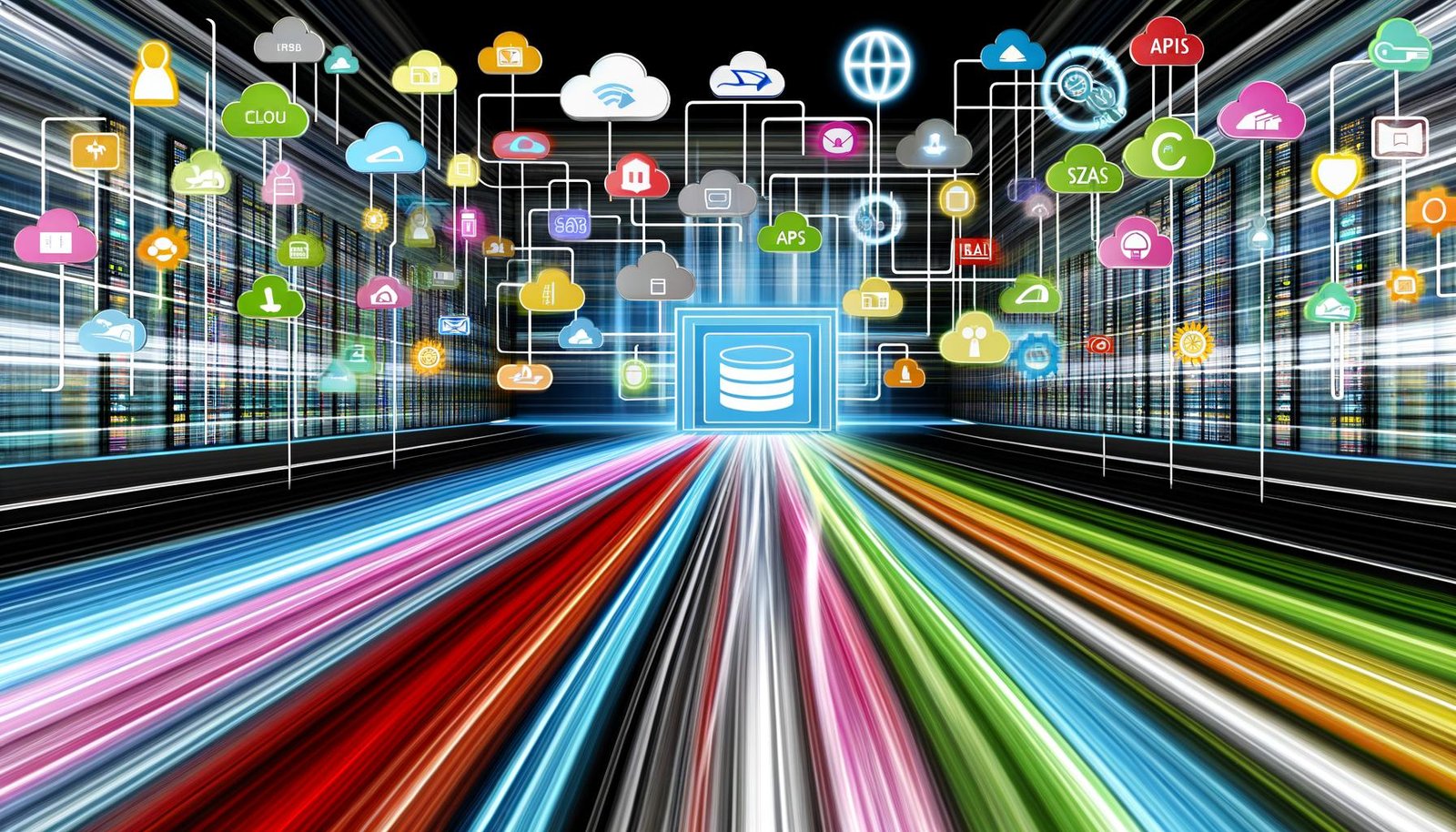 Futuristische Unternehmensumgebung mit bunten Datenströmen aus digitalen Quellen, die zu einem modernen Datenintegrations-Framework fließen und geordnet Richtung Analytics, KI und Marketing weitergeleitet werden.
