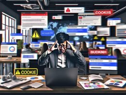 Gestresster Marketing-Mitarbeiter vor überladenen Bildschirmen mit Analytics-Dashboards, 404-Fehlermeldungen, Cookie-Hinweisen und brennenden ROI- und Budget-Dokumenten im Büro.