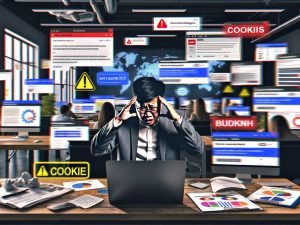 Gestresster Marketing-Mitarbeiter vor überladenen Bildschirmen mit Analytics-Dashboards, 404-Fehlermeldungen, Cookie-Hinweisen und brennenden ROI- und Budget-Dokumenten im Büro.