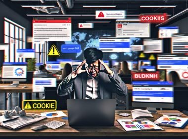 Gestresster Marketing-Mitarbeiter vor überladenen Bildschirmen mit Analytics-Dashboards, 404-Fehlermeldungen, Cookie-Hinweisen und brennenden ROI- und Budget-Dokumenten im Büro.