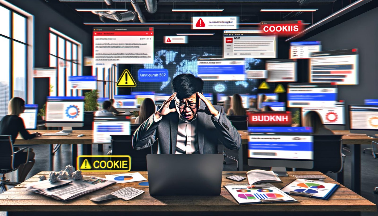 Gestresster Marketing-Mitarbeiter vor überladenen Bildschirmen mit Analytics-Dashboards, 404-Fehlermeldungen, Cookie-Hinweisen und brennenden ROI- und Budget-Dokumenten im Büro.