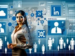 Stilvolle Illustration eines B2B-Marketers vor digitalen Dashboards und verknüpften Datenpunkten, umgeben von techbezogenen Symbolen und Business-Silhouetten im modernen Magazin-Look.
