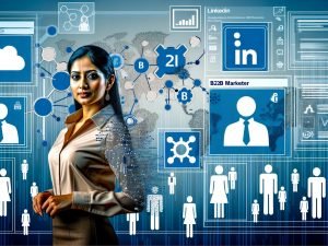 Stilvolle Illustration eines B2B-Marketers vor digitalen Dashboards und verknüpften Datenpunkten, umgeben von techbezogenen Symbolen und Business-Silhouetten im modernen Magazin-Look.