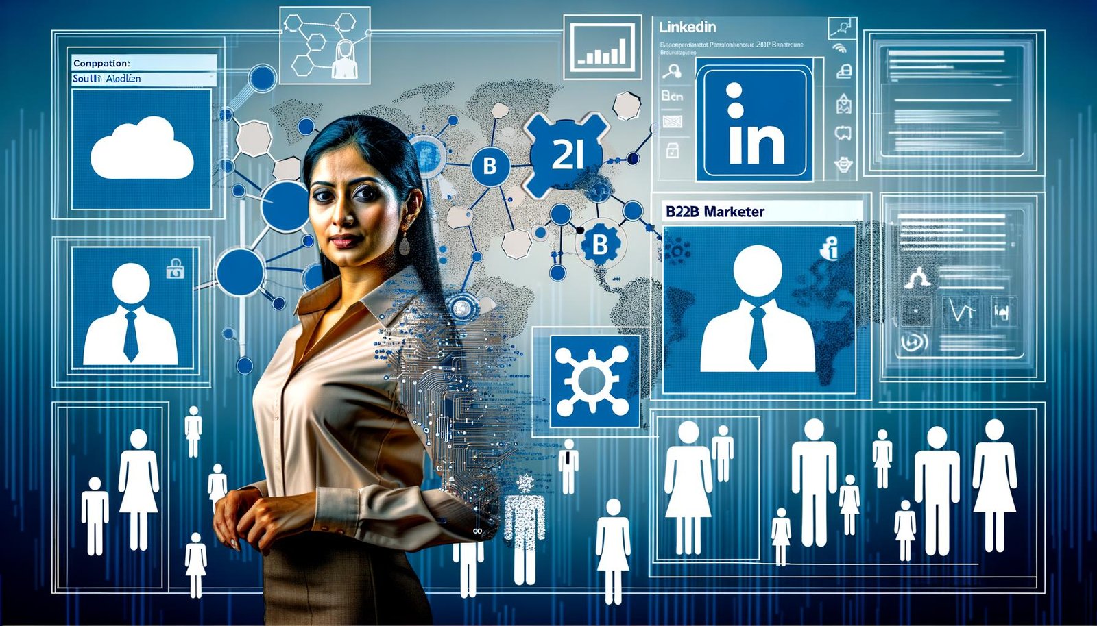 Stilvolle Illustration eines B2B-Marketers vor digitalen Dashboards und verknüpften Datenpunkten, umgeben von techbezogenen Symbolen und Business-Silhouetten im modernen Magazin-Look.