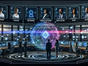 Futuristischer Kontrollraum mit Fachleuten, digitalen Schnittstellen, holografischen Netzwerken und 3D-Datenströmen zum Thema Web4.
