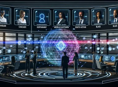 Futuristischer Kontrollraum mit Fachleuten, digitalen Schnittstellen, holografischen Netzwerken und 3D-Datenströmen zum Thema Web4.