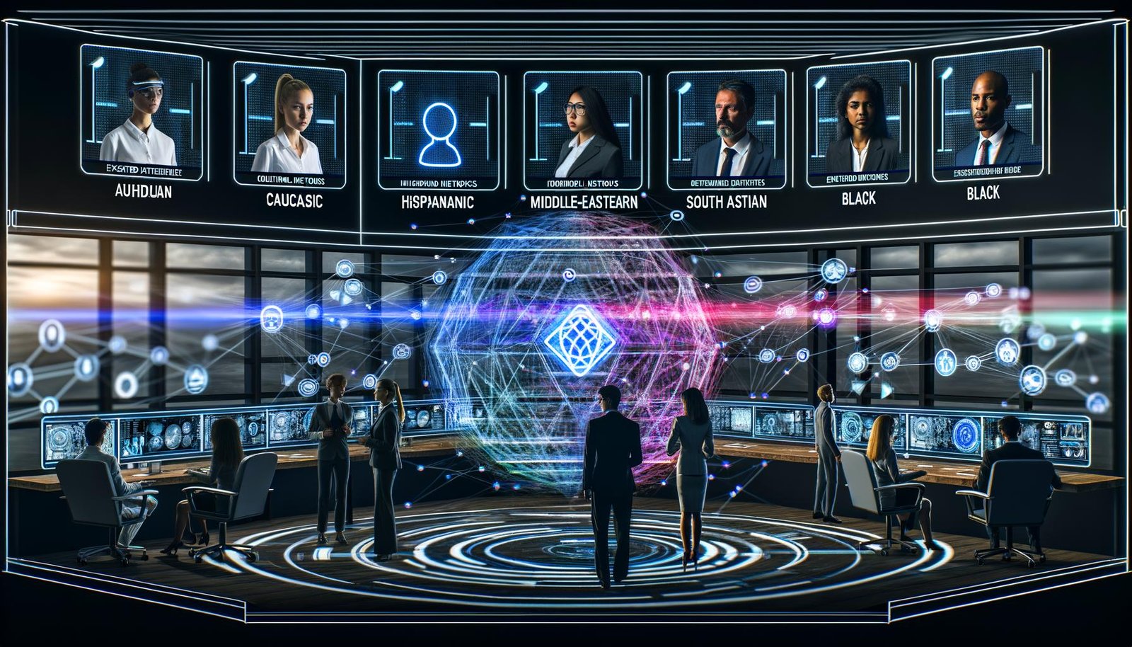Futuristischer Kontrollraum mit Fachleuten, digitalen Schnittstellen, holografischen Netzwerken und 3D-Datenströmen zum Thema Web4.