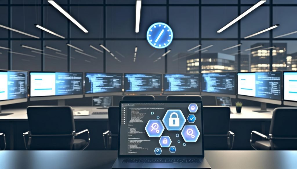 Ein nächtlicher, moderner Arbeitsplatz mit mehreren Monitoren, die Analysen, Code und Consent-Management zeigen; im Vordergrund ein transparentes Cookie-Banner mit Auswahlmöglichkeiten für Marketing, Statistik und Personalisierung. Digitale Sicherheitssymbole und Gesetzes-Icons wie GDPR und TTDSG sind präsent.