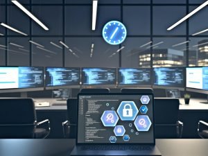 Ein nächtlicher, moderner Arbeitsplatz mit mehreren Monitoren, die Analysen, Code und Consent-Management zeigen; im Vordergrund ein transparentes Cookie-Banner mit Auswahlmöglichkeiten für Marketing, Statistik und Personalisierung. Digitale Sicherheitssymbole und Gesetzes-Icons wie GDPR und TTDSG sind präsent.