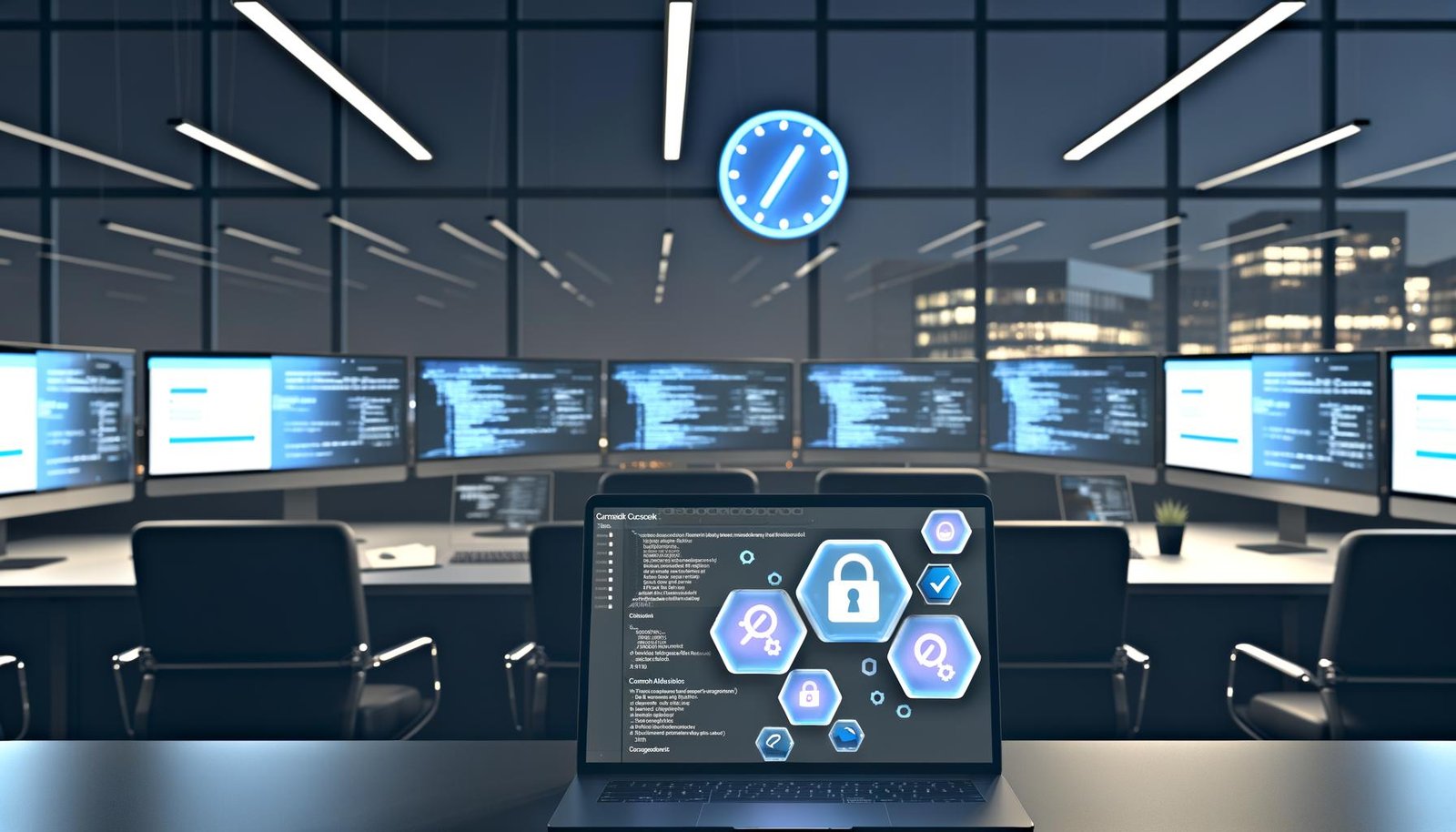 Ein nächtlicher, moderner Arbeitsplatz mit mehreren Monitoren, die Analysen, Code und Consent-Management zeigen; im Vordergrund ein transparentes Cookie-Banner mit Auswahlmöglichkeiten für Marketing, Statistik und Personalisierung. Digitale Sicherheitssymbole und Gesetzes-Icons wie GDPR und TTDSG sind präsent.