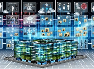 Futuristisches Bürogebäude mit transparenten Datenströmen, zentraler Kontrollzentrale, abstrahierten Governance-Ebenen, technischen Dashboards, Datenschutz- und Security-Icons sowie chaotischen Datensilos und effektiven Monitoring-Lösungen.