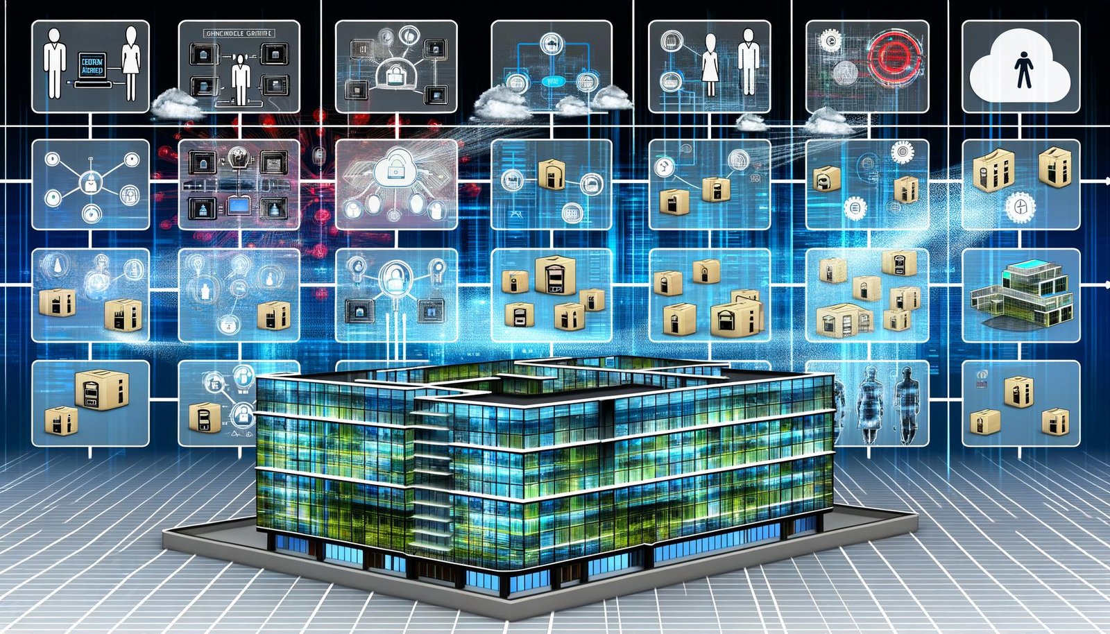 Futuristisches Bürogebäude mit transparenten Datenströmen, zentraler Kontrollzentrale, abstrahierten Governance-Ebenen, technischen Dashboards, Datenschutz- und Security-Icons sowie chaotischen Datensilos und effektiven Monitoring-Lösungen.