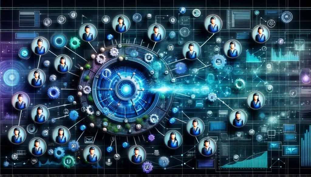 Querschnittsgrafik des LinkedIn Audience Networks mit vernetzten B2B-Avataren, Datenströmen, KI-Symbolen, Targeting-Icons und Elementen des Echtzeit-Biddings.