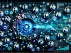 Querschnittsgrafik des LinkedIn Audience Networks mit vernetzten B2B-Avataren, Datenströmen, KI-Symbolen, Targeting-Icons und Elementen des Echtzeit-Biddings.