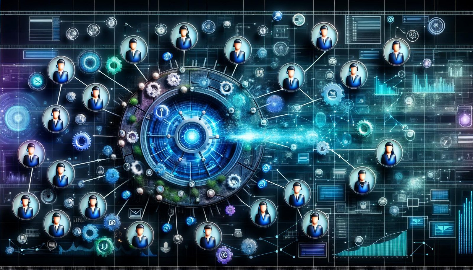 Querschnittsgrafik des LinkedIn Audience Networks mit vernetzten B2B-Avataren, Datenströmen, KI-Symbolen, Targeting-Icons und Elementen des Echtzeit-Biddings.