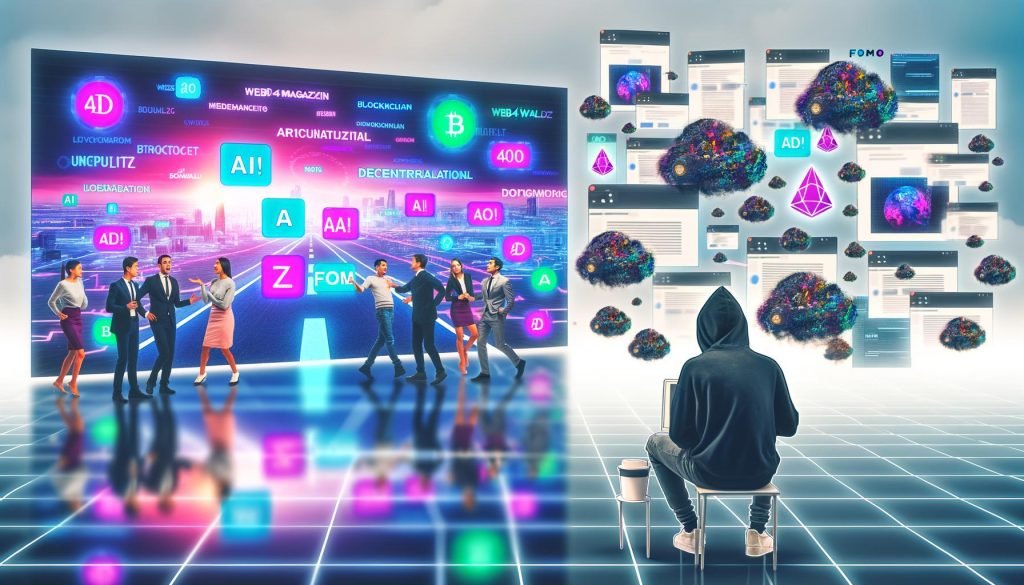 Split-Screen-Collage einer Tech-Konferenz mit Web4-Buzzwords und enthusiatischen Teilnehmern, gegenüber einem nachdenklichen Entwickler am Laptop vor leeren Präsentationsfolien. Digitale Elemente wie Tokens und FOMO-Wolken schweben im Bild.