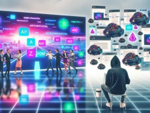 Split-Screen-Collage einer Tech-Konferenz mit Web4-Buzzwords und enthusiatischen Teilnehmern, gegenüber einem nachdenklichen Entwickler am Laptop vor leeren Präsentationsfolien. Digitale Elemente wie Tokens und FOMO-Wolken schweben im Bild.
