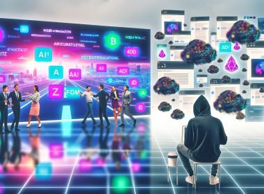 Split-Screen-Collage einer Tech-Konferenz mit Web4-Buzzwords und enthusiatischen Teilnehmern, gegenüber einem nachdenklichen Entwickler am Laptop vor leeren Präsentationsfolien. Digitale Elemente wie Tokens und FOMO-Wolken schweben im Bild.