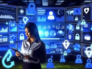 Digitaler Marketingspezialist prüft Analysedaten auf einem Tablet im modernen Kontrollraum mit leuchtenden Dashboards, Cookie- und Sicherheitssymbolen.