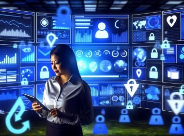 Digitaler Marketingspezialist prüft Analysedaten auf einem Tablet im modernen Kontrollraum mit leuchtenden Dashboards, Cookie- und Sicherheitssymbolen.