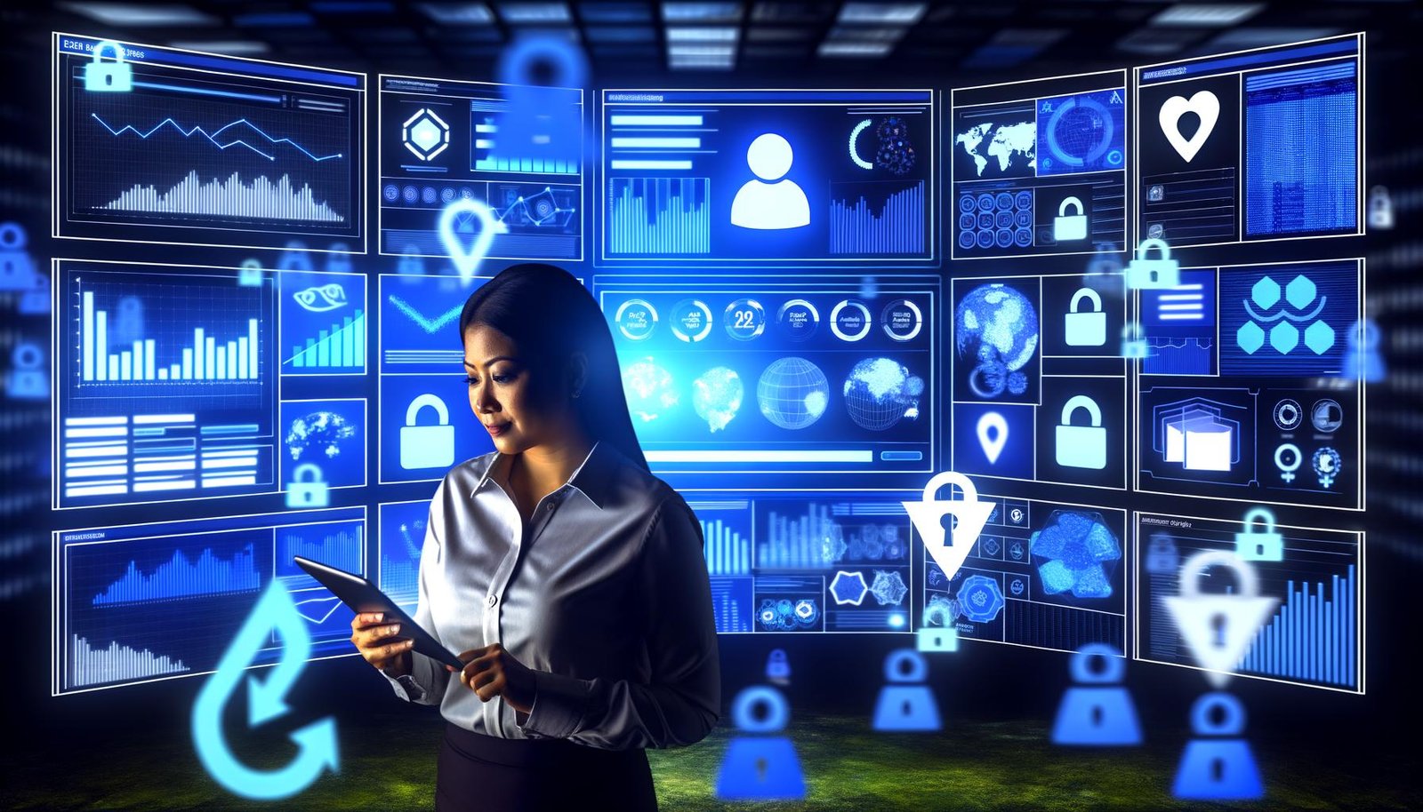Digitaler Marketingspezialist prüft Analysedaten auf einem Tablet im modernen Kontrollraum mit leuchtenden Dashboards, Cookie- und Sicherheitssymbolen.