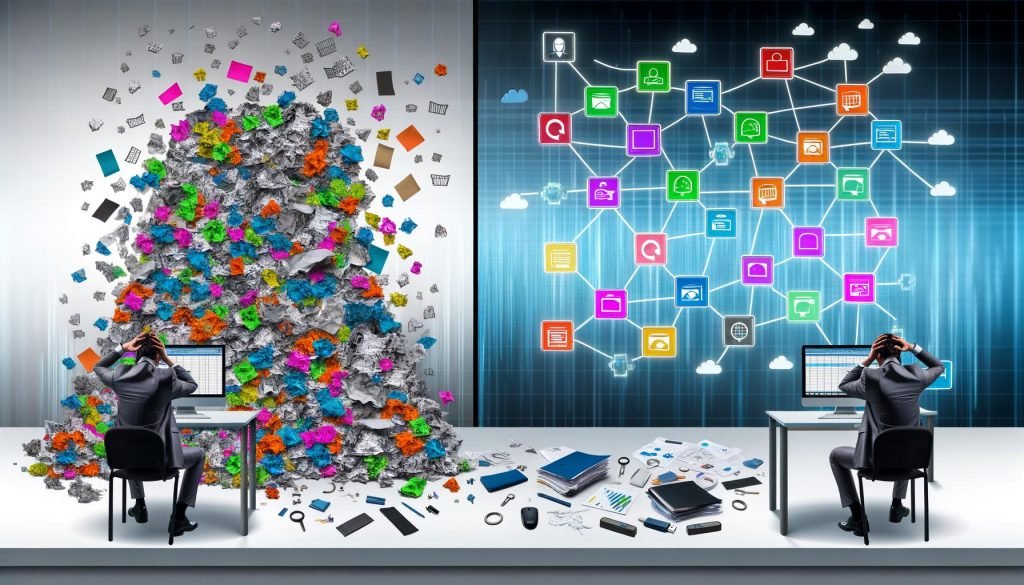 Moderner Schreibtisch mit Datenchaos aus Symbolen und einer ratlosen Person am Laptop, daneben geordnetes Dashboard und klar verbundene System-Icons.