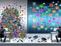 Moderner Schreibtisch mit Datenchaos aus Symbolen und einer ratlosen Person am Laptop, daneben geordnetes Dashboard und klar verbundene System-Icons.