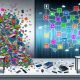 Moderner Schreibtisch mit Datenchaos aus Symbolen und einer ratlosen Person am Laptop, daneben geordnetes Dashboard und klar verbundene System-Icons.