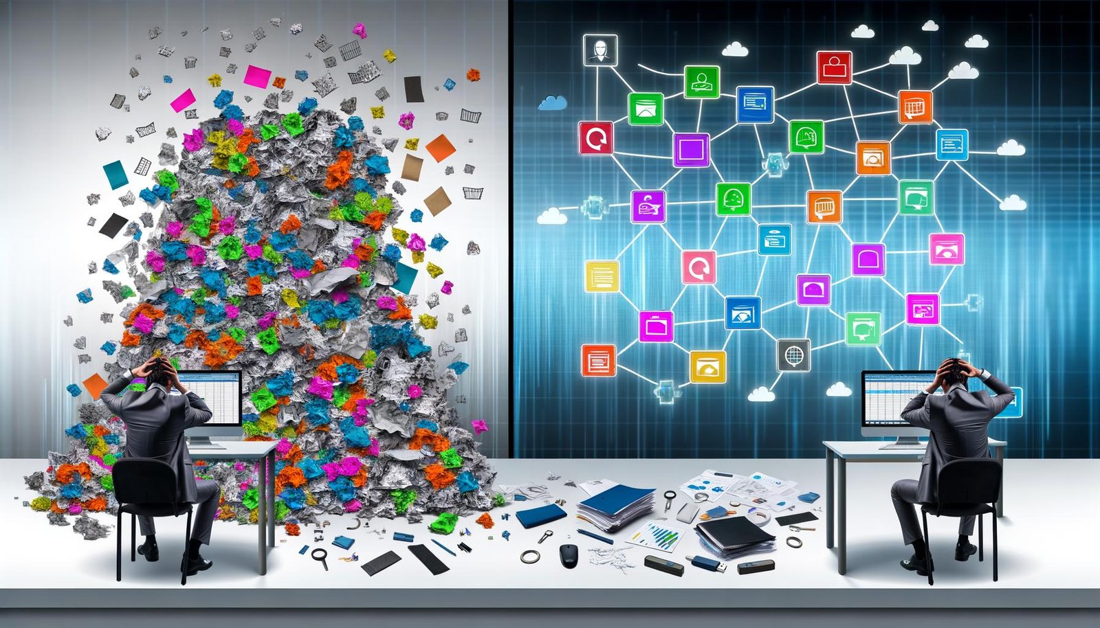 Moderner Schreibtisch mit Datenchaos aus Symbolen und einer ratlosen Person am Laptop, daneben geordnetes Dashboard und klar verbundene System-Icons.
