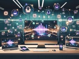 Futuristischer Arbeitsplatz mit LinkedIn-Analytics Dashboard, schwebenden Waveforms und AI-Symbolen für Voice Native Ads, verschiedenen Geräten und verknüpften Geschäftspersonen im Hintergrund.