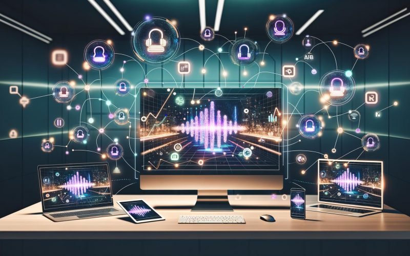 Futuristischer Arbeitsplatz mit LinkedIn-Analytics Dashboard, schwebenden Waveforms und AI-Symbolen für Voice Native Ads, verschiedenen Geräten und verknüpften Geschäftspersonen im Hintergrund.