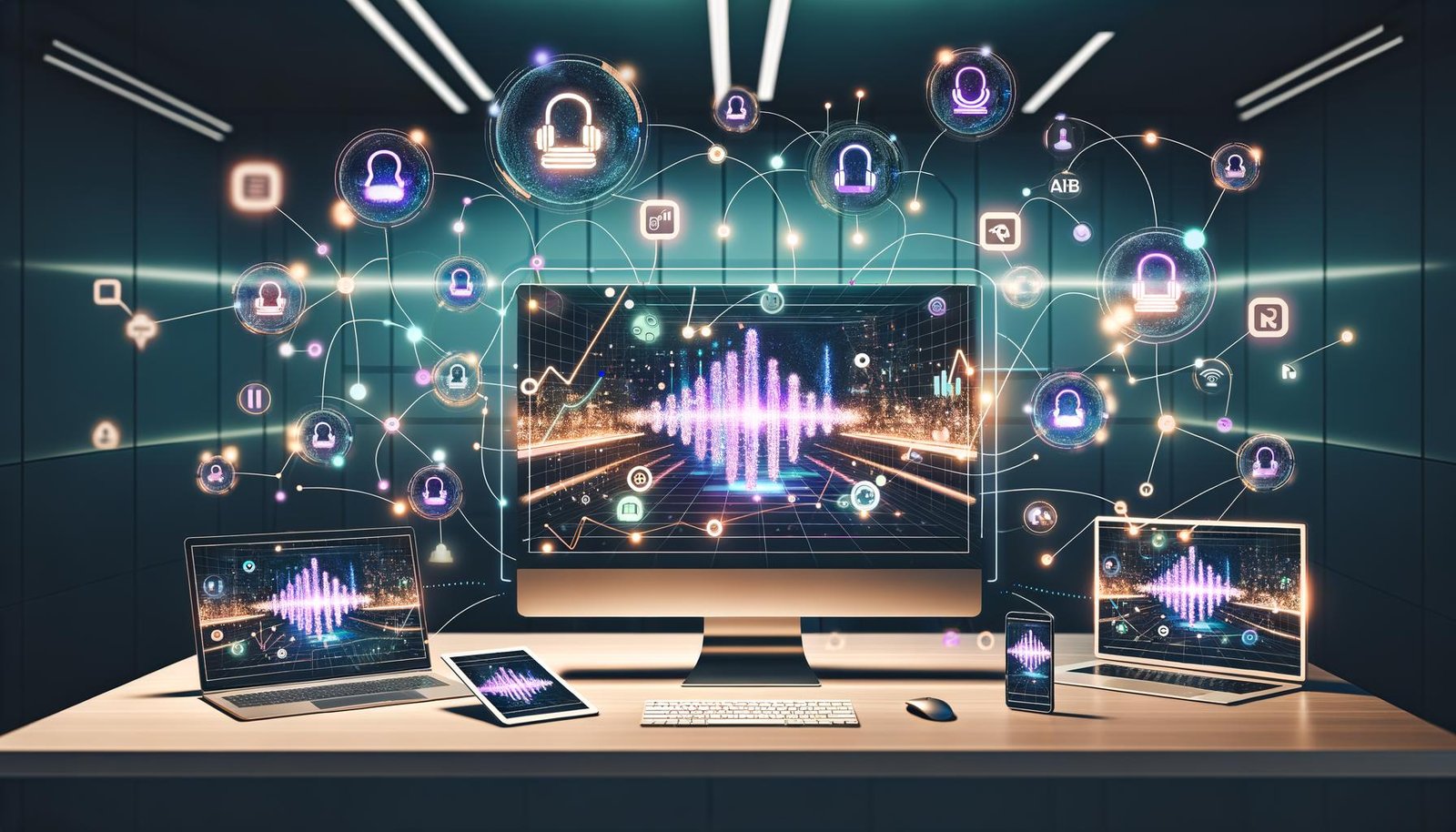 Futuristischer Arbeitsplatz mit LinkedIn-Analytics Dashboard, schwebenden Waveforms und AI-Symbolen für Voice Native Ads, verschiedenen Geräten und verknüpften Geschäftspersonen im Hintergrund.