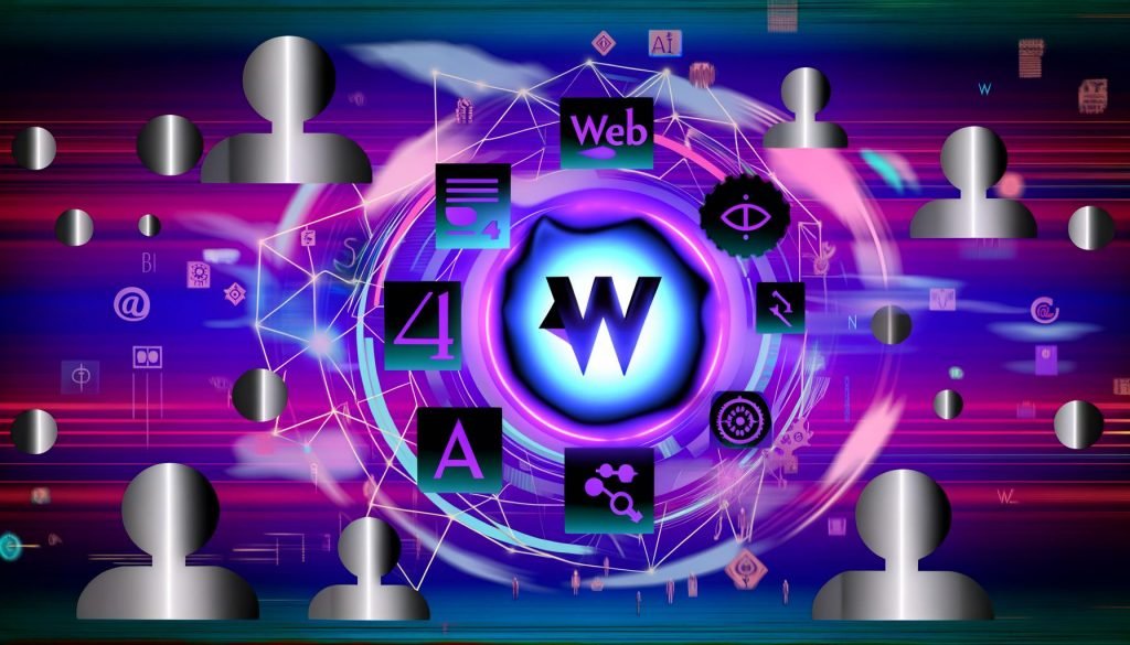 Retro-futuristische Illustration eines leuchtenden Web4-Logos, umgeben von Begriffen wie Blockchain, KI, Metaverse und Ownership, mit digitalen Linien und skeptisch blickenden Figuren vor violett-blauem Hintergrund.