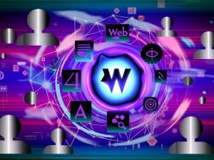 Retro-futuristische Illustration eines leuchtenden Web4-Logos, umgeben von Begriffen wie Blockchain, KI, Metaverse und Ownership, mit digitalen Linien und skeptisch blickenden Figuren vor violett-blauem Hintergrund.