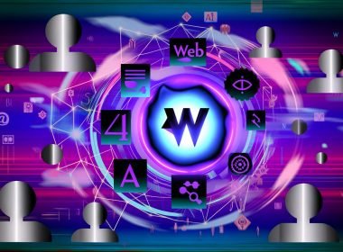 Retro-futuristische Illustration eines leuchtenden Web4-Logos, umgeben von Begriffen wie Blockchain, KI, Metaverse und Ownership, mit digitalen Linien und skeptisch blickenden Figuren vor violett-blauem Hintergrund.