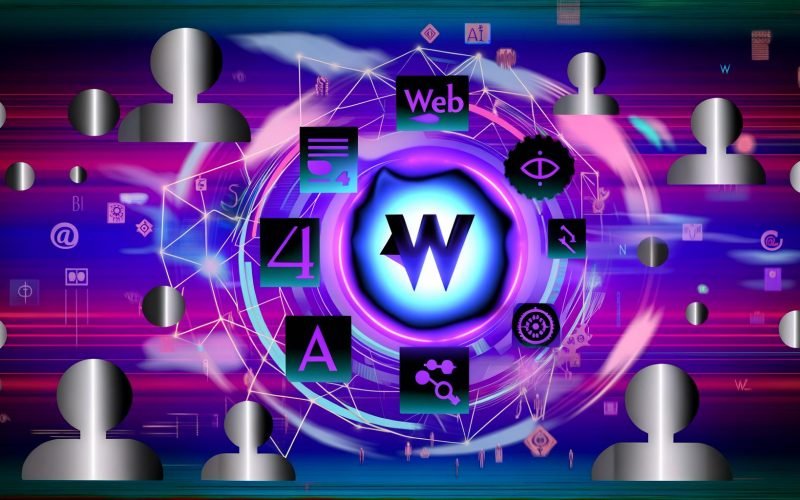Retro-futuristische Illustration eines leuchtenden Web4-Logos, umgeben von Begriffen wie Blockchain, KI, Metaverse und Ownership, mit digitalen Linien und skeptisch blickenden Figuren vor violett-blauem Hintergrund.