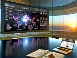 Modernes Büro mit großen Curved-Monitoren und einem Dashboard für Pressearbeit, dazu Glaswand mit Mindmaps und eine Hand am Touchpad.