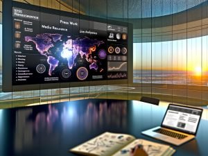 Modernes Büro mit großen Curved-Monitoren und einem Dashboard für Pressearbeit, dazu Glaswand mit Mindmaps und eine Hand am Touchpad.