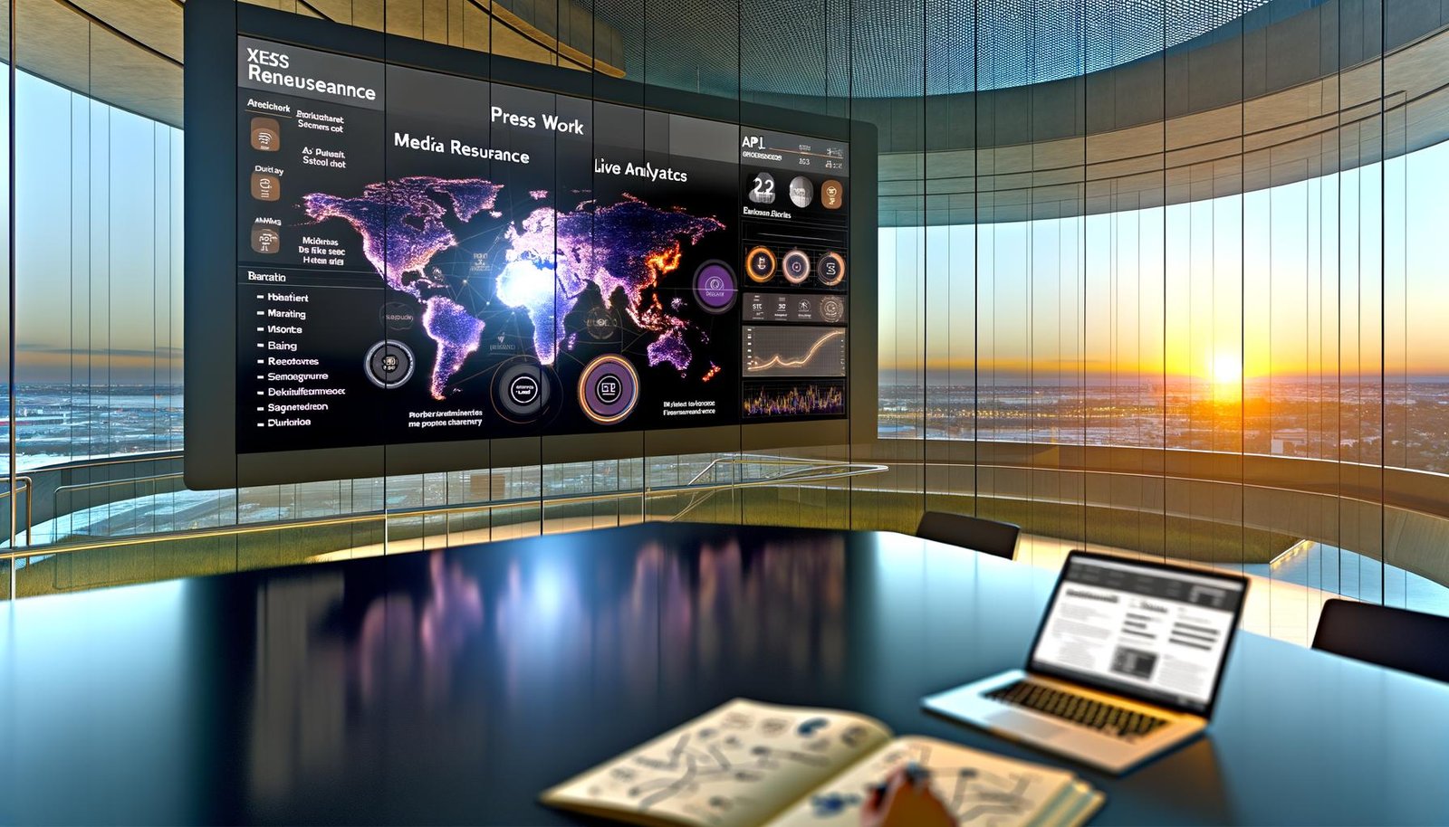 Modernes Büro mit großen Curved-Monitoren und einem Dashboard für Pressearbeit, dazu Glaswand mit Mindmaps und eine Hand am Touchpad.