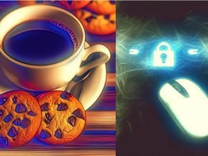 Nahaufnahme einer Illustration: Kaffee und Schoko-Cookies neben einem Browserfenster mit digitalen Cookie-Icons und Datenströmen auf einem Schreibtisch.