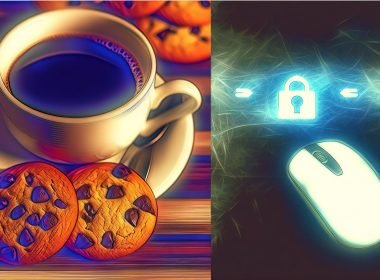 Nahaufnahme einer Illustration: Kaffee und Schoko-Cookies neben einem Browserfenster mit digitalen Cookie-Icons und Datenströmen auf einem Schreibtisch.