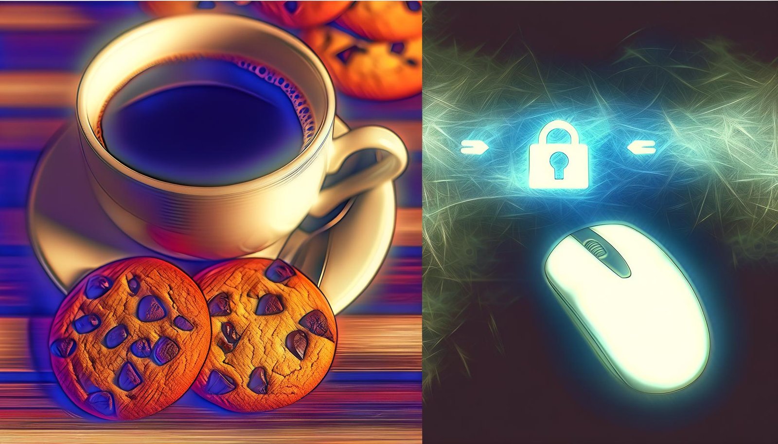 Nahaufnahme einer Illustration: Kaffee und Schoko-Cookies neben einem Browserfenster mit digitalen Cookie-Icons und Datenströmen auf einem Schreibtisch.
