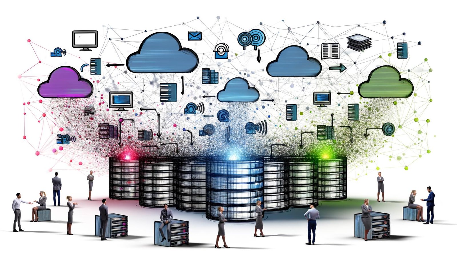 Illustration mit isolierten Datensilos, fragenden Menschen und einem modernen, vernetzten Datenmodell mit strukturierten Datenströmen.