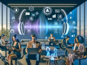 Futuristischer Büroraum mit B2B-Marketingprofis an Laptops, umgeben von schwebenden Audio-Wellenformen, KI-Algorithmen, LinkedIn-Icons und digitalen Anzeigen; im Hintergrund PPC-Charts und Präzisions-Targeting-Visualisierungen.