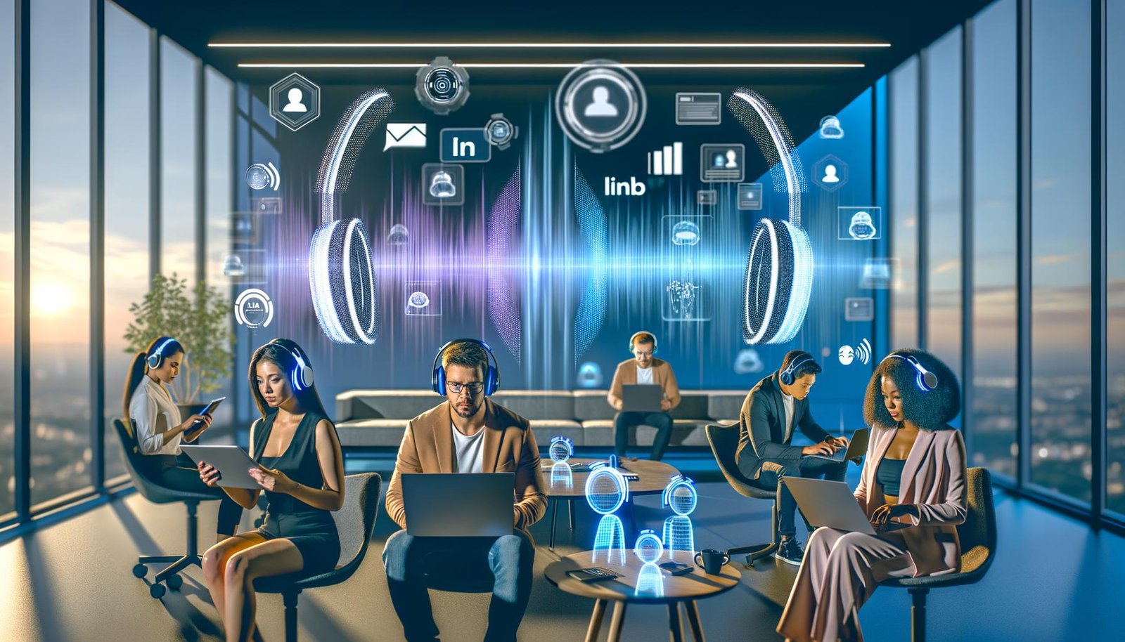 Futuristischer Büroraum mit B2B-Marketingprofis an Laptops, umgeben von schwebenden Audio-Wellenformen, KI-Algorithmen, LinkedIn-Icons und digitalen Anzeigen; im Hintergrund PPC-Charts und Präzisions-Targeting-Visualisierungen.